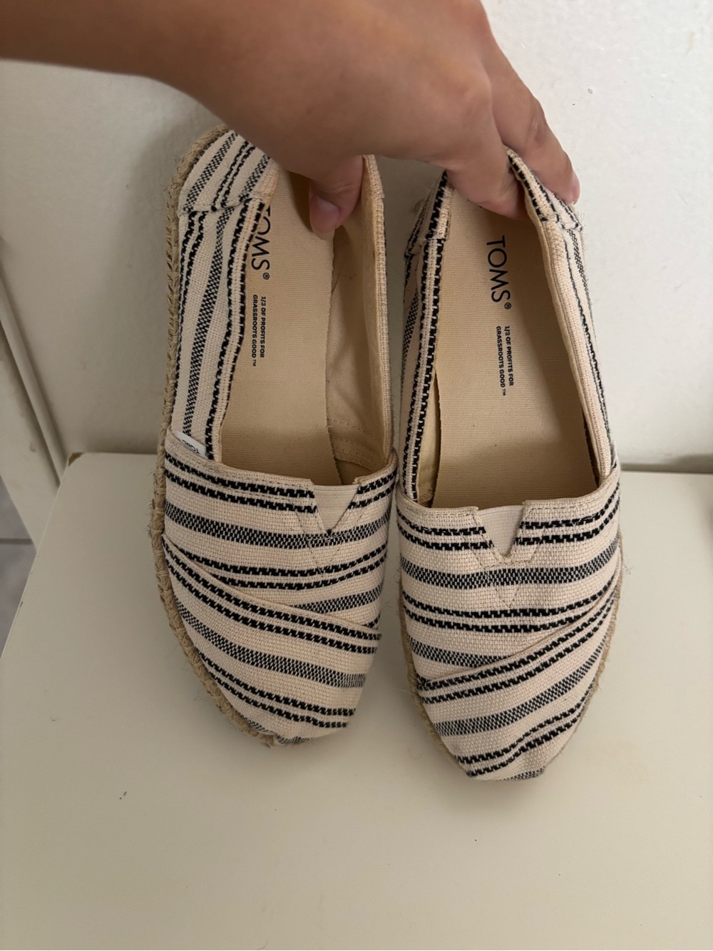 Toms Beige and Black Striped Women’s Espadrille Slip-Ons